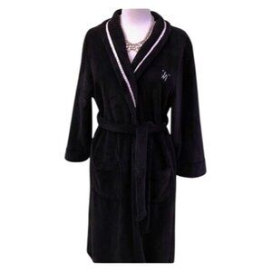 Vera Wang Plush Black Bath Robe S/M White Satin Trim Belt Luxury Lounge Spa